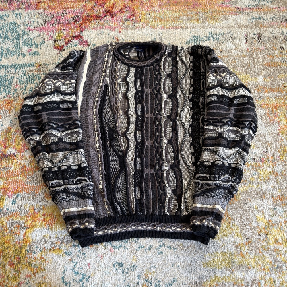 Vintage Cotton Traders 3D Knit Coogi Style Sweater Medium Black Grey Neutral 90s